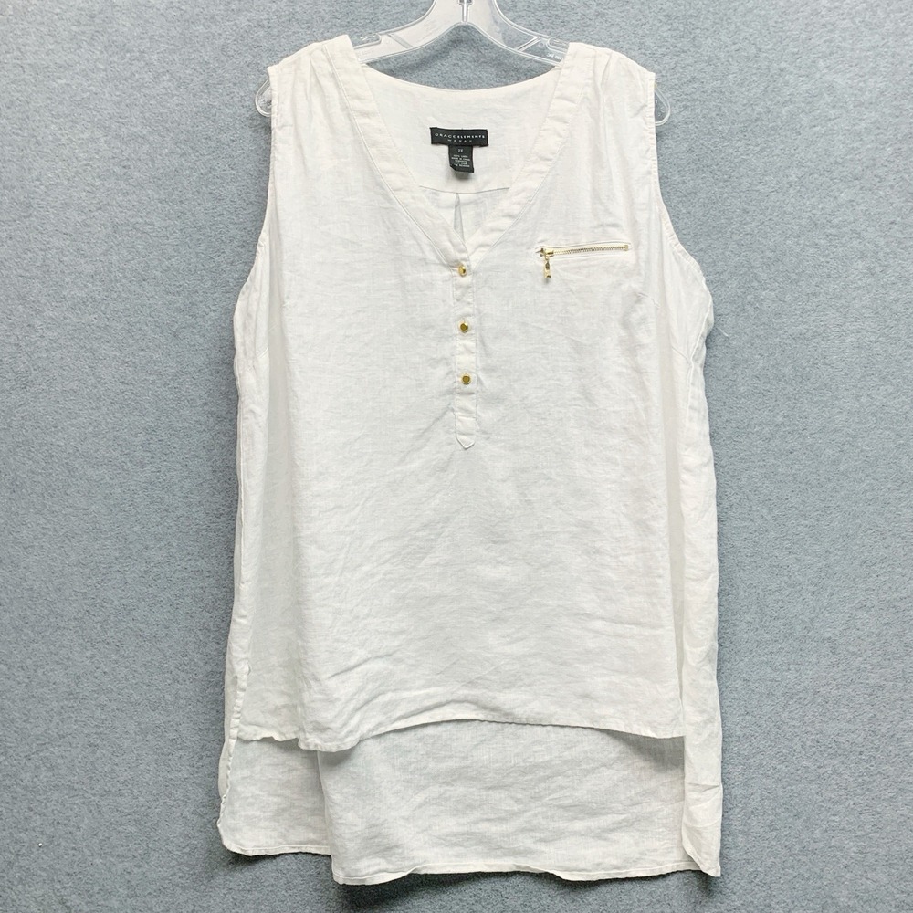 Grace Elements Sleeveless Linen Henley Top Size 2X White Gold Details